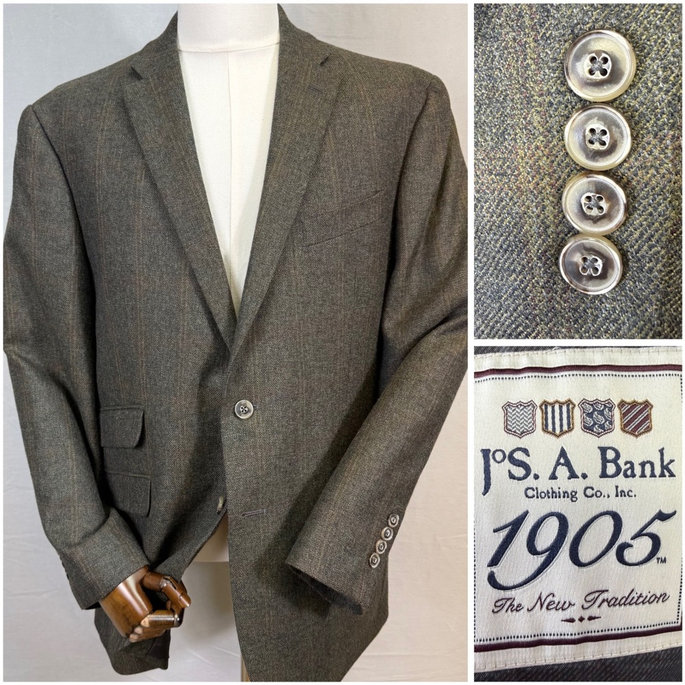 Jos A Bank Sport Coat Mens 43R Olive 1905 Tailored Fit Wool Windowpane Blazer
